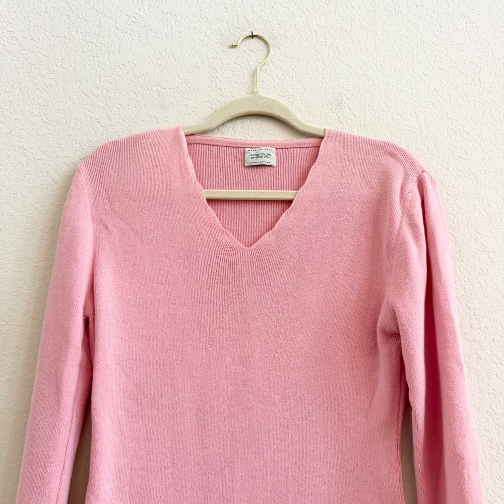 United Colors of Benetton Pink Cotton Scalloped V-Neck Sweater Made in Italy M - Picture 2 of 12